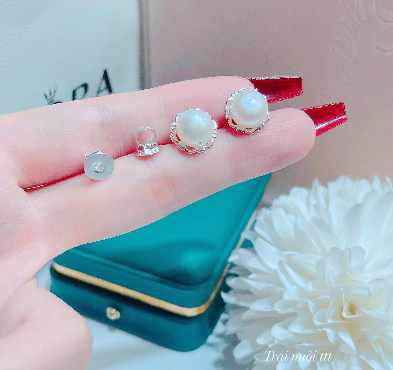 Bông tai bạc nụ trai chốt ren xoáy chất liệu bạc s925 MS0650