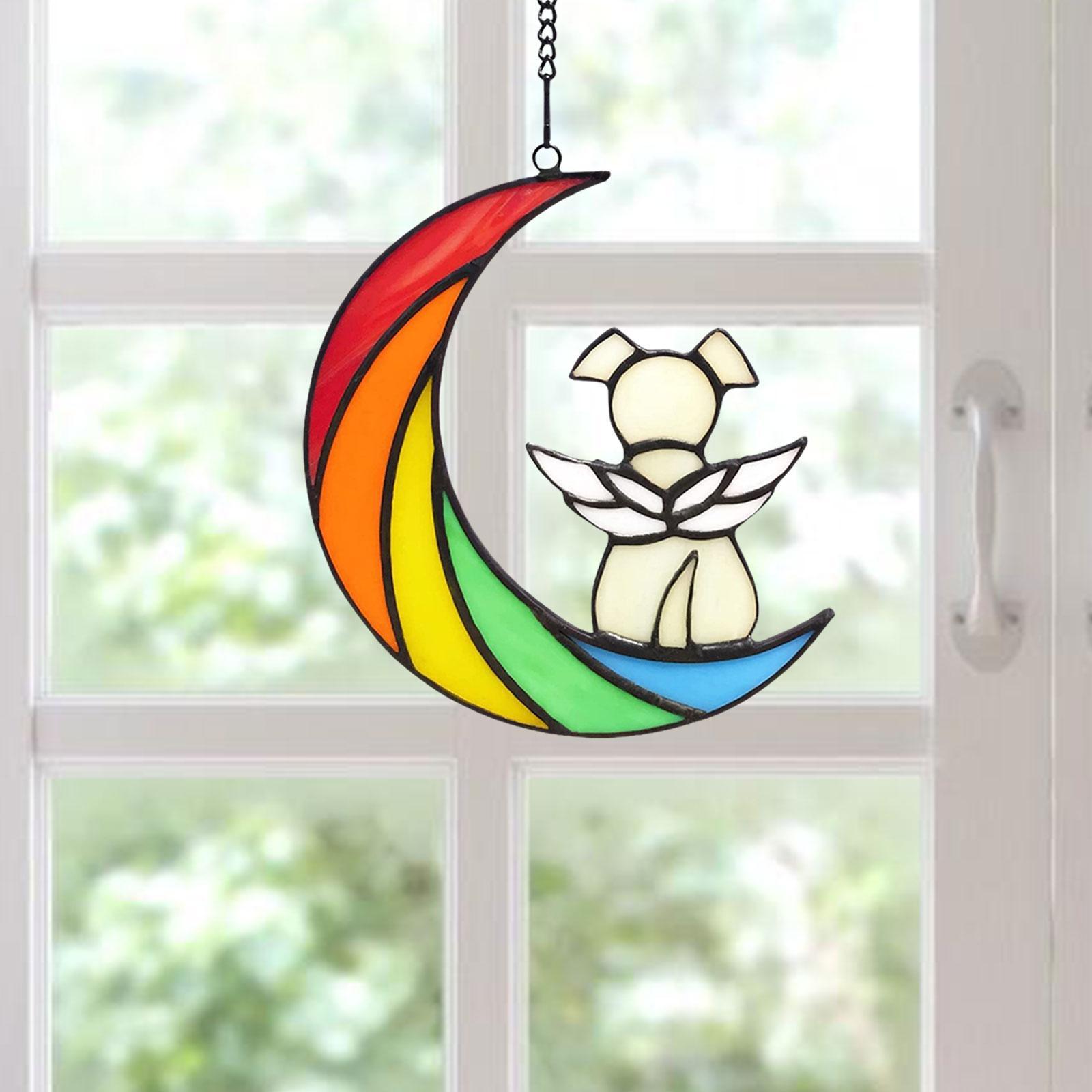 Stained Glass Window Hangings Dog on The Moon Ornament for Bedroom Decor