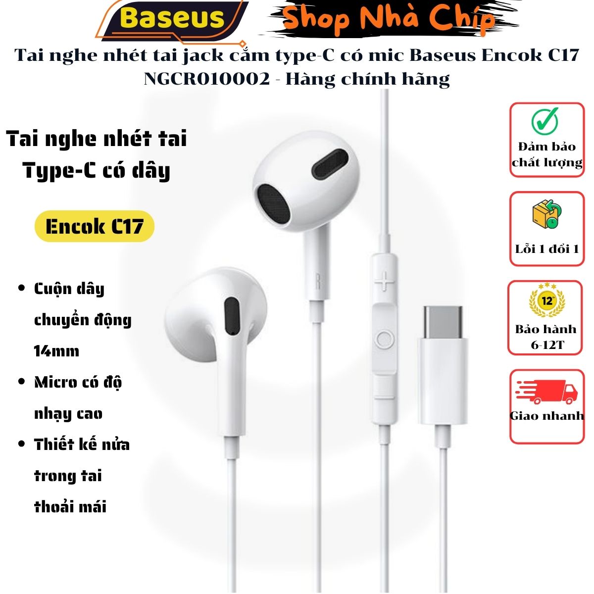 Tai nghe nhét tai jack cắm type-C  có mic Baseus Encok C17 NGCR010002 - Hàng chính hãng