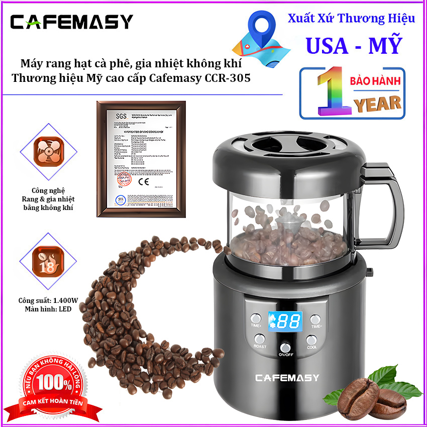 Máy rang hạt cà phê công nghệ gia nhiệt không khí chuyên nghiệp. Thương hiệu Mỹ cao cấp Cafemasy CCR-305. HÀNG CHÍNH HÃNG
