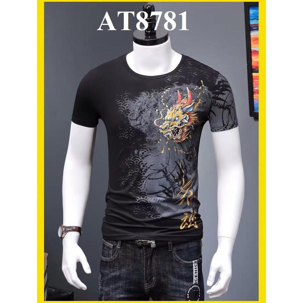 Áo thun họa tiết hình rồng trắng đen AT8781 Mềm mượt vải chống thấm mồ hôi rất sang trọng phong cách hàn quốc
