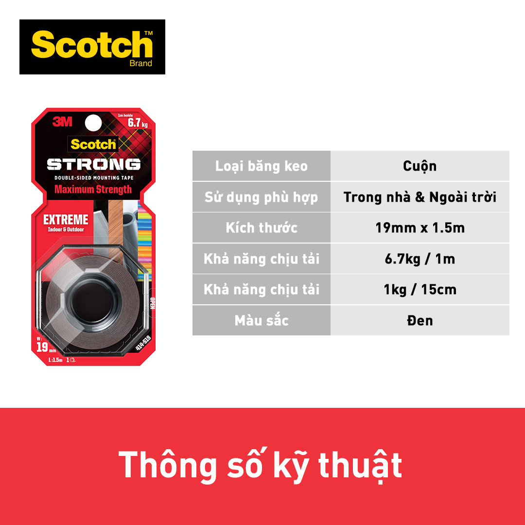 Băng keo hai mặt dùng trong nhà và ngoài trời Scotch 3M siêu dính 414 - Độ bền cao, dính tốt trên bề mặt được sơn