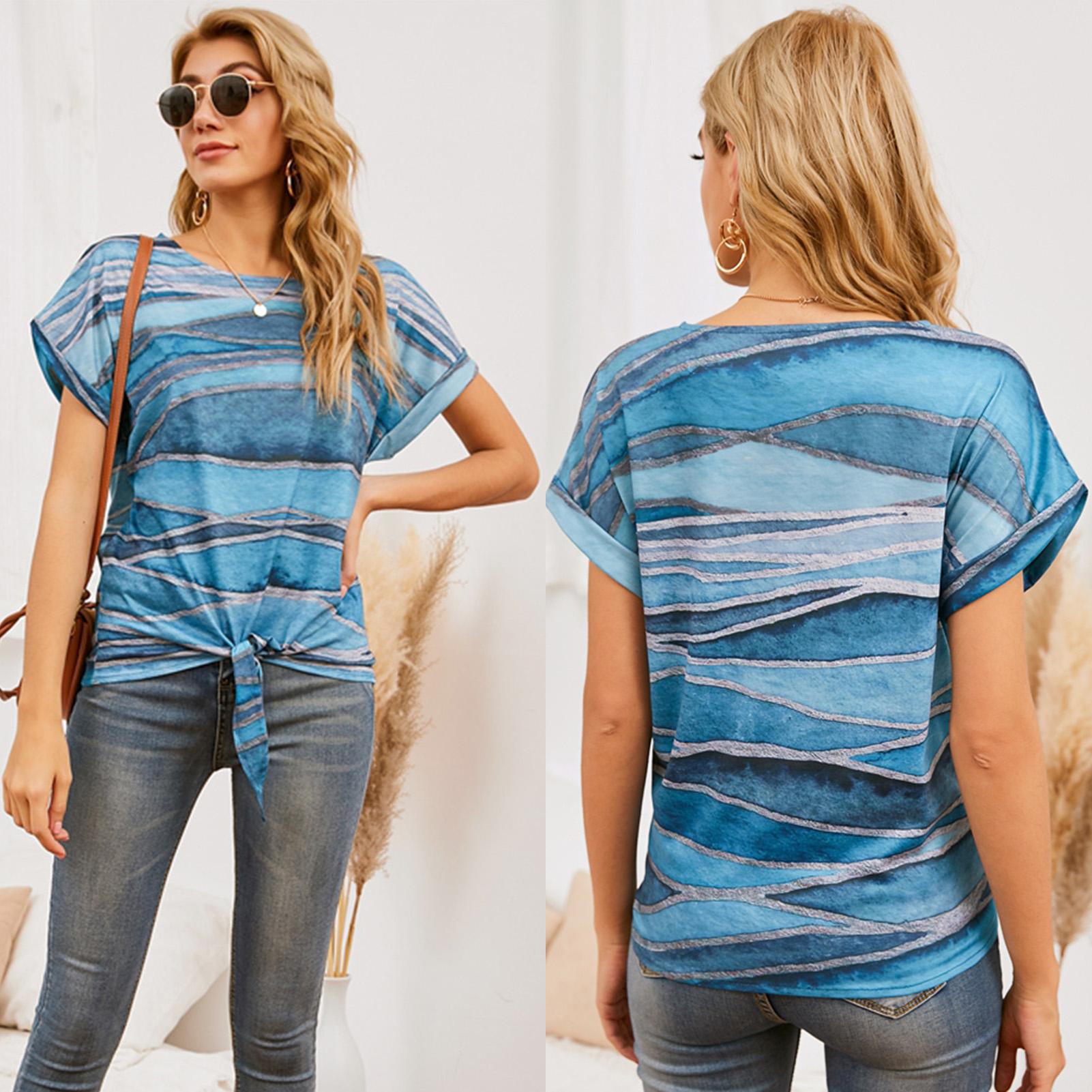 Women Short Sleeve T-shirt Irregular Striped Print Loose Tees Casual Tops Blue