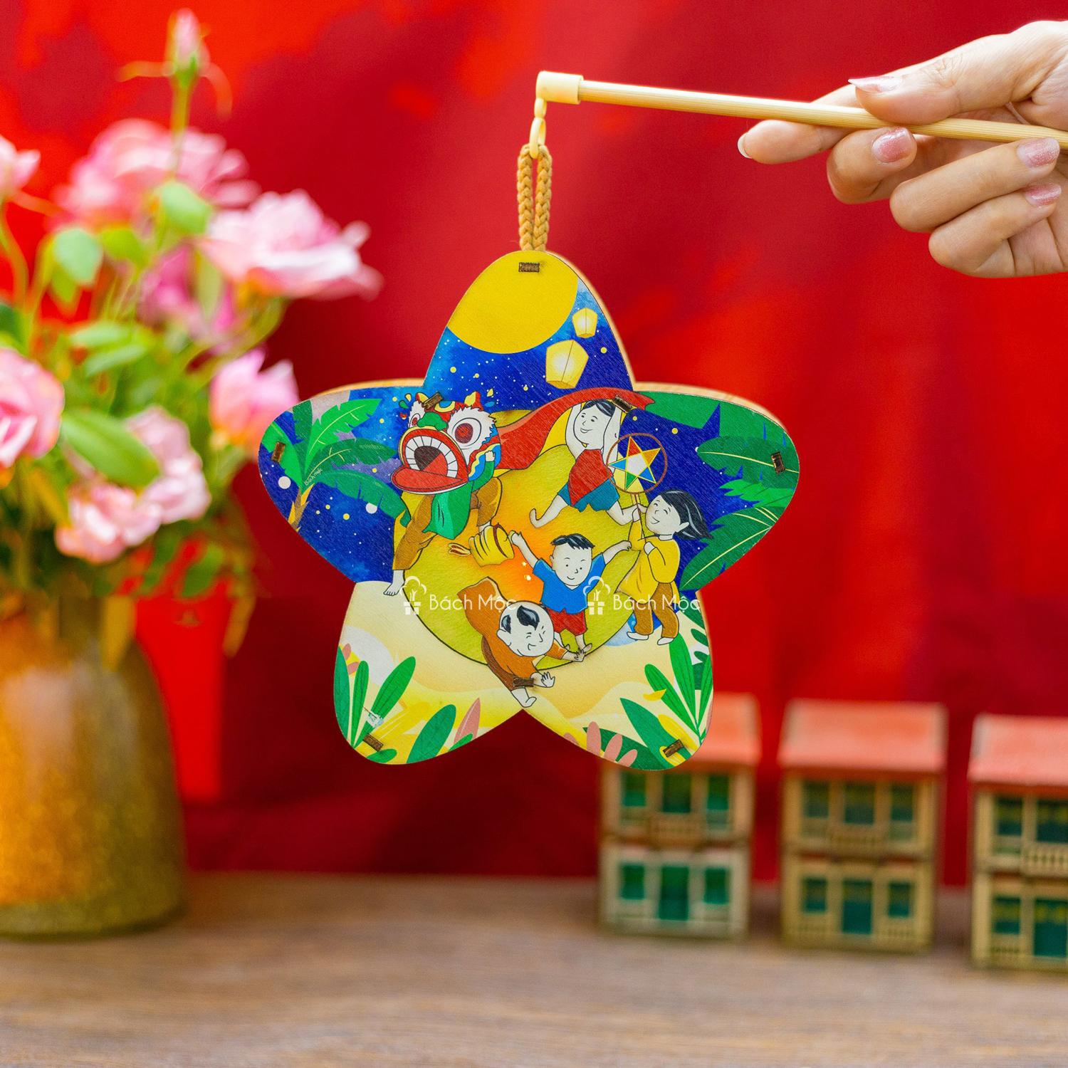 Lồng Đèn Trung Thu Gỗ 2 Mặt Màu - Bách Mộc - Lân Sao