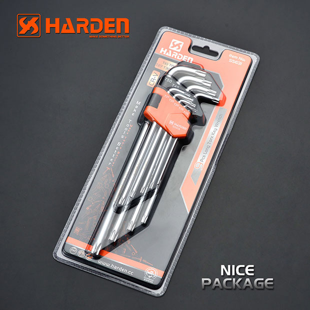 Bộ Lục Giác Đầu Sao 09 Chi Tiết HARDEN 540607 Loại Dài, Hàng Chính Hãng, Được Làm Từ Chất Liệu Thép Chrome Vanadium, Độ Cứng Cao. Sản Phẩm Đựng Trong Vỉ Nhựa Tiện Lợi Và Bền Đẹp. Thông số kỹ thuật : T10 、 T15 、 T20 、 T25 、 T27 、 T30 、 T40、T45 、 T50mm