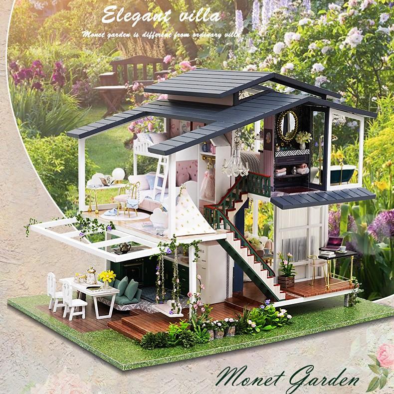 Mô hình nhà DIY Doll House Monet Garden Kèm Mica Chống bụi, Bộ dụng cụ và Hộp nhạc