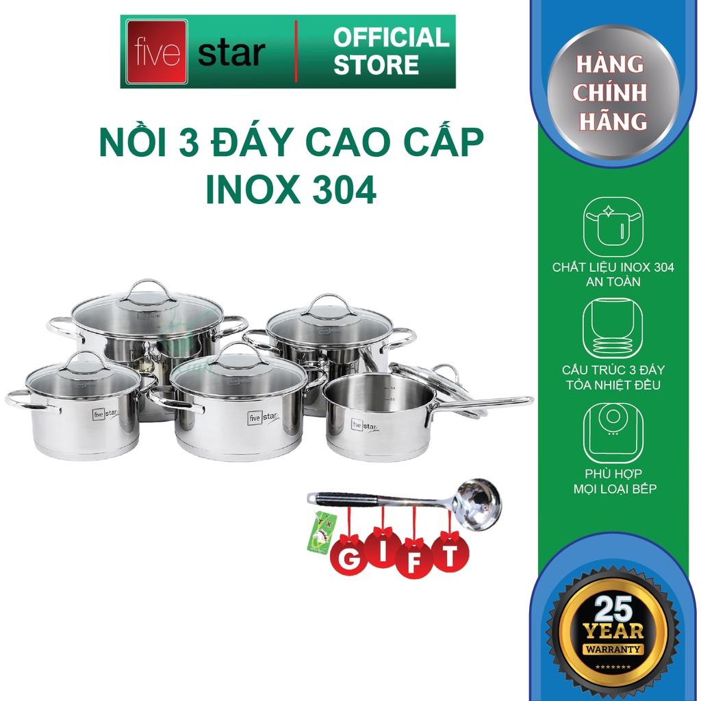 Bộ nồi quánh 3 đáy inox 304 cao cấp Fivestar Plus quai oval kiểu Silit 5 món nắp kính , tặng 1 vá inox