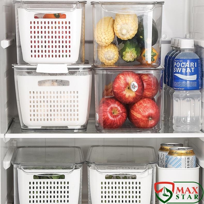 Hộp đựng thực phẩm tủ lạnh 2 lớp kiểu nhật có lắp đậy và lỗ thoát nước cao cấp Hộp đựng đồ tủ lạnh đa năng 