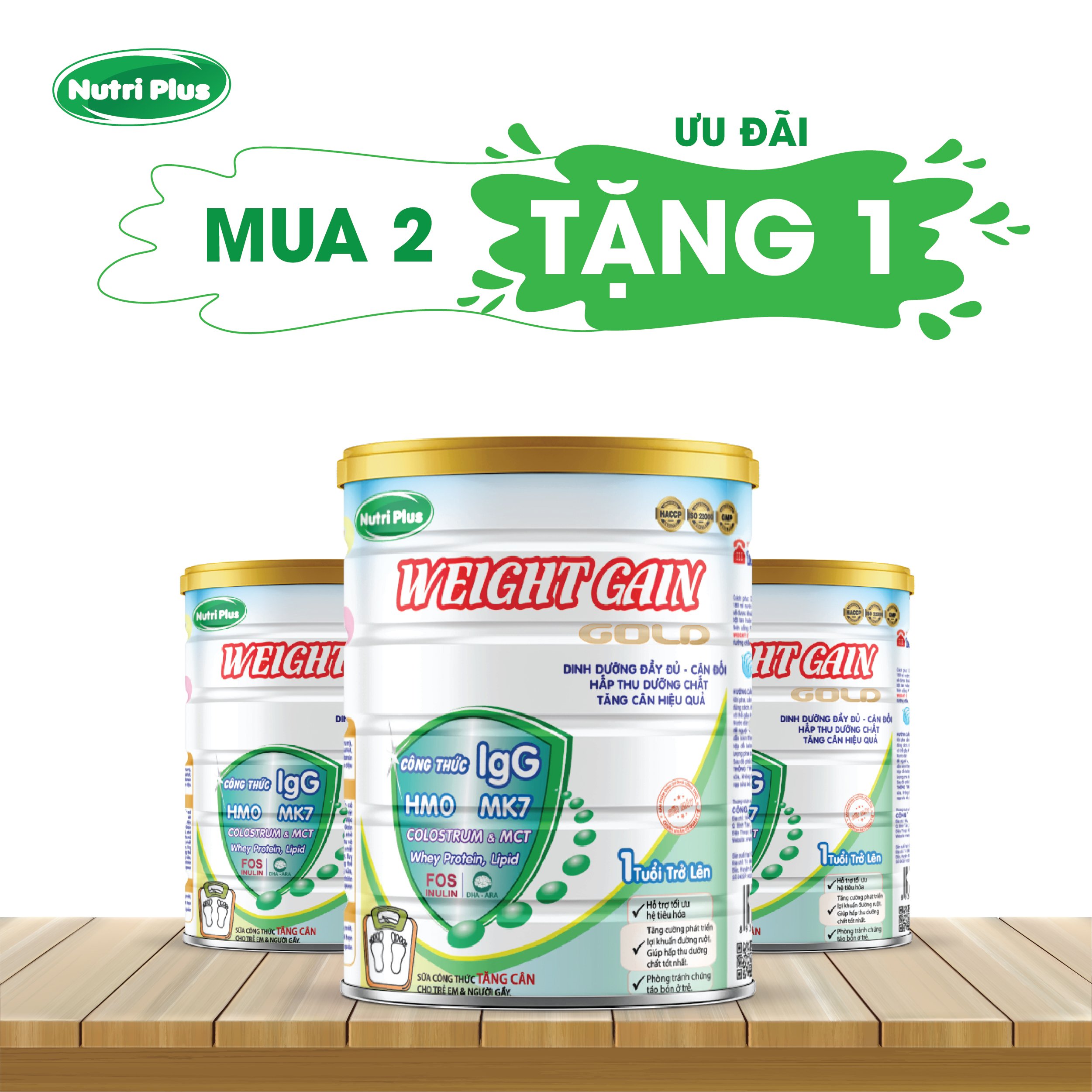 [MUA 2 TẶNG 1] Sữa bột dinh dưỡng Weight Gain dành cho người gầy, tăng cân hiệu quả - 900g Nutriplus Gold