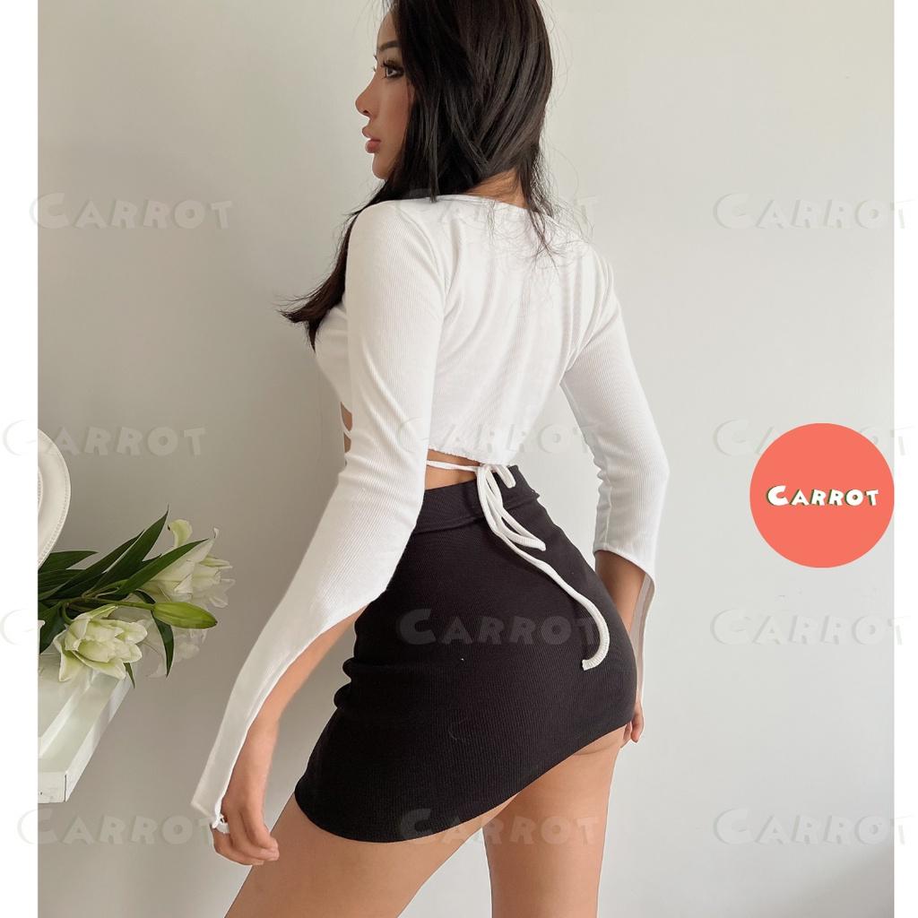 Áo croptop tay dài sexy trắng thiết kế chân váy đen basic ôm eo tôn dáng trendy thời trang nữ carrotxinhdep