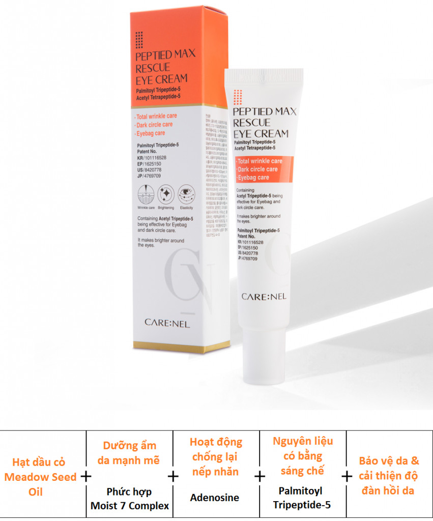 Kem dưỡng giảm quầng thâm – căng da – ngừa nếp nhăn – bọng mắt Care:nel Peptided Max Rescue Eye Cream 25ml + Tặng kèm 1 mặt nạ sủi bọt thải độc Su:m 37 Đen