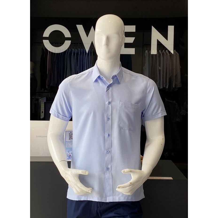 OWEN - Áo sơ mi ngắn tay Owen vạt ngang chất Nano chống nhăn màu xanh nhạt