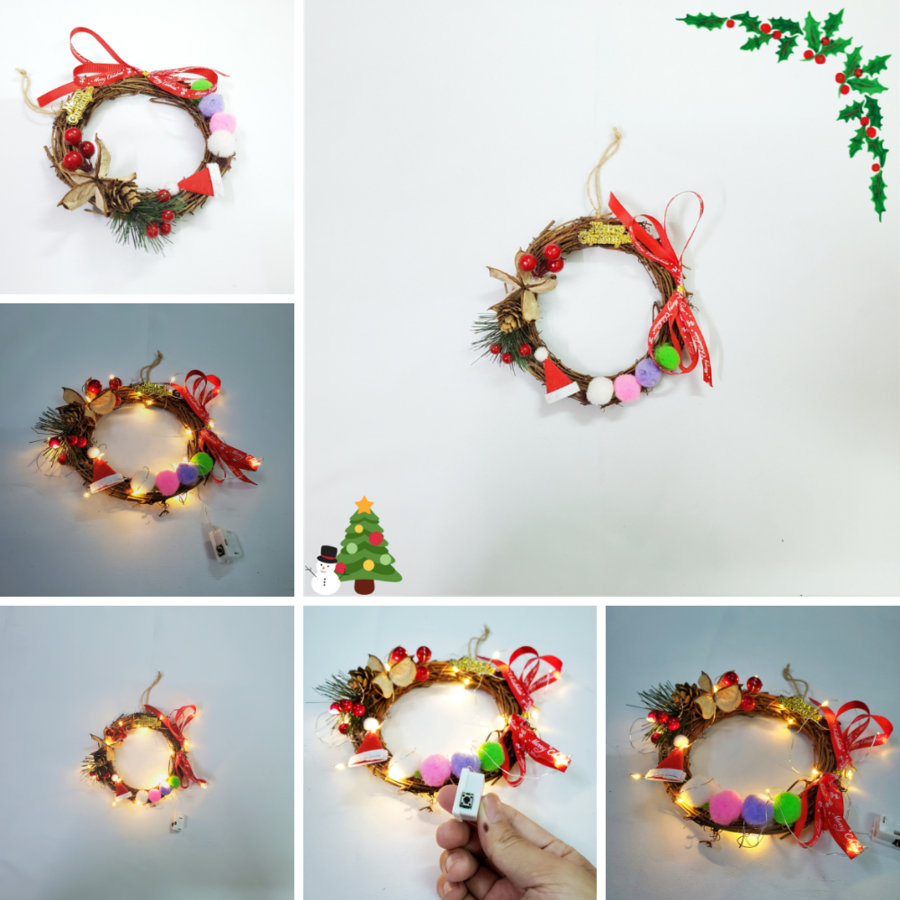 Vòng Hoa Noel VN01 15cm Vòng Nguyệt Quế Giáng Sinh Có Đèn