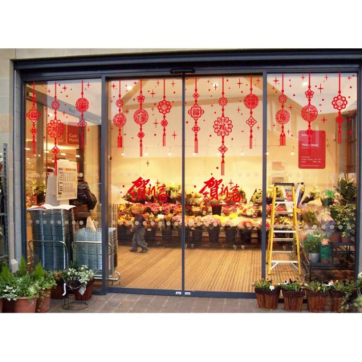 Decal trang trí Tết - Rèm dây kết đồng tiền chữ đỏ