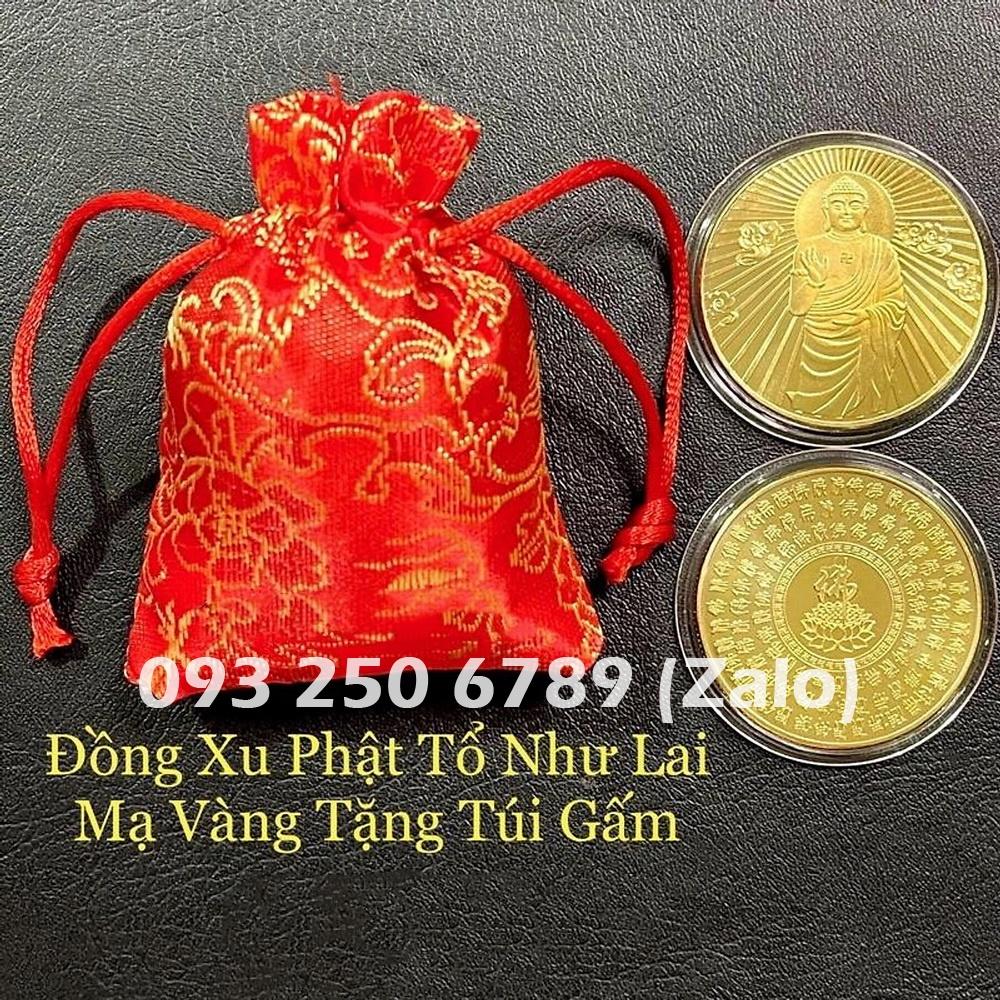 Đồng Xu Phật Tổ Như Lai Mạ Vàng Phong Thuỷ May Mắn, mẫu Đứng, tặng túi gấm đỏ, Tiền lì xì tết 2023 , NELI