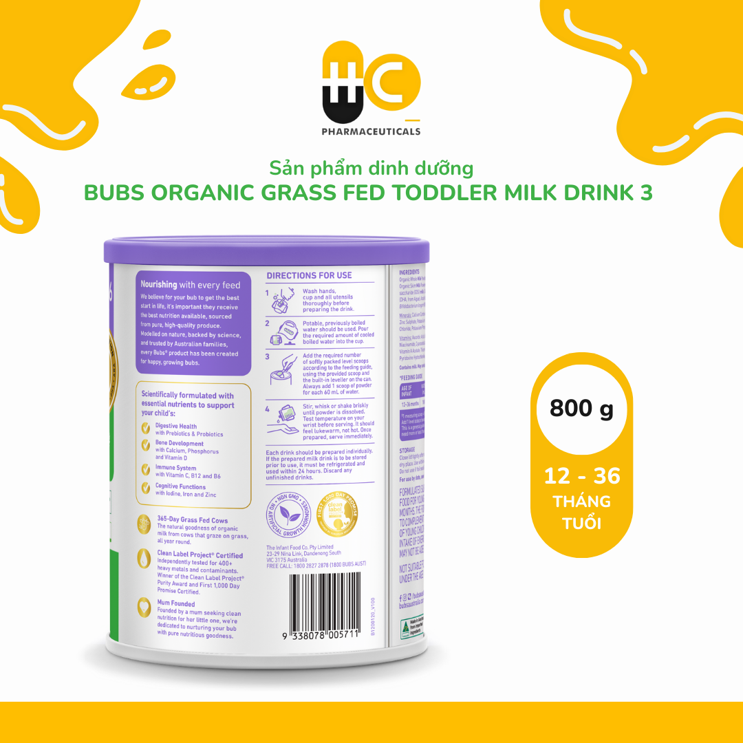 Sản phẩm dinh dưỡng công thức hữu cơ Bubs Organic Grass Fed Toddler Milk Drink 3 (12–36 tháng tuổi) – 800g