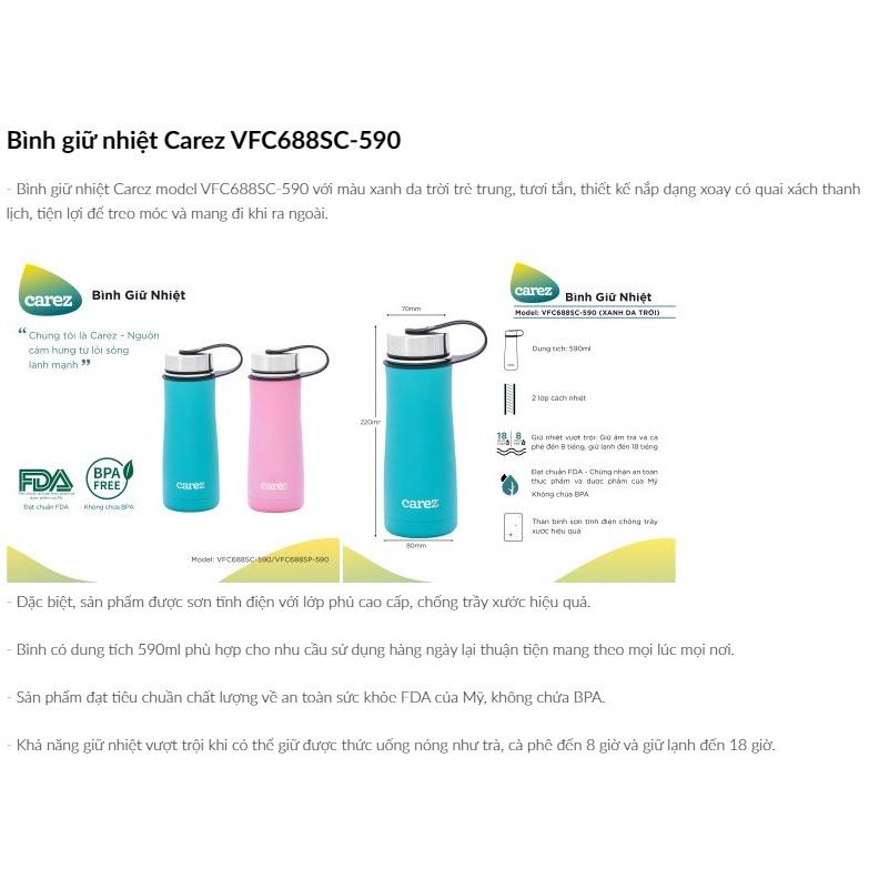 Bình giữ nhiệt Carez model VFC688SC-590ML với màu Xanh san hô trẻ trung, Inox 304, Không chứa BPA, Hàng chính hãng