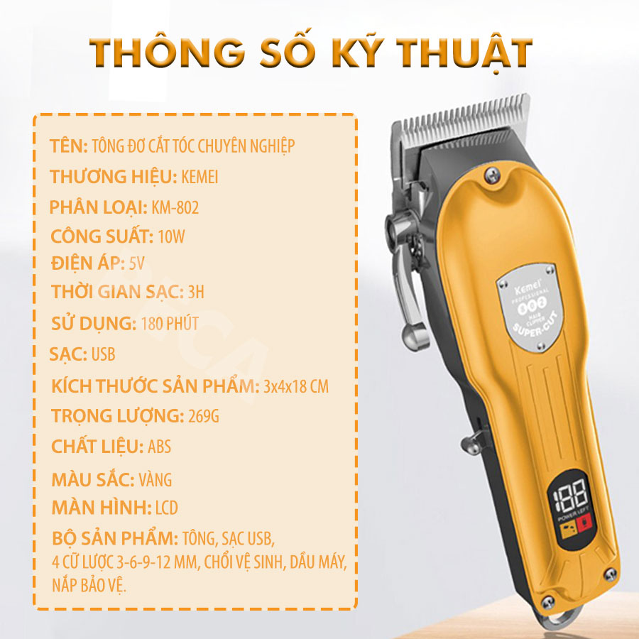 Tông đơ cắt tóc chuyên nghiệp KEMEI KM-802 công suất mạnh mẽ 10W có màn hình LCD hiển thị thông minh, sử dụng sạc USB sạc nhanh pin trâu 3h, tăng đơ, tondor dùng cho gia đình, salon tiệm tóc barber - hãng phân phối chính thức