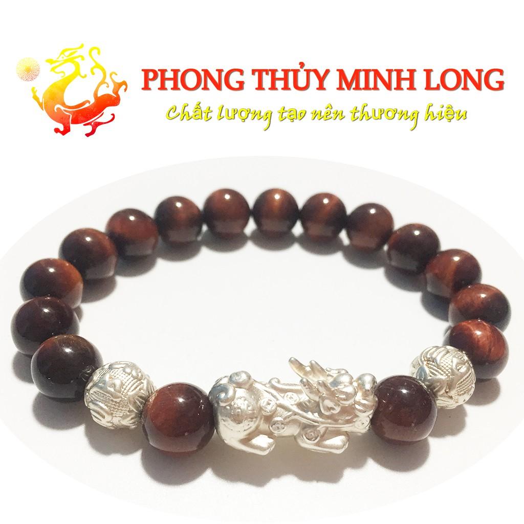 Vòng tay đá mắt hổ Đỏ Nâu chất lượng 5A mix Tỳ Hưu và 2 hạt kim tiền Bạc hợp mệnh Hỏa và Thổ