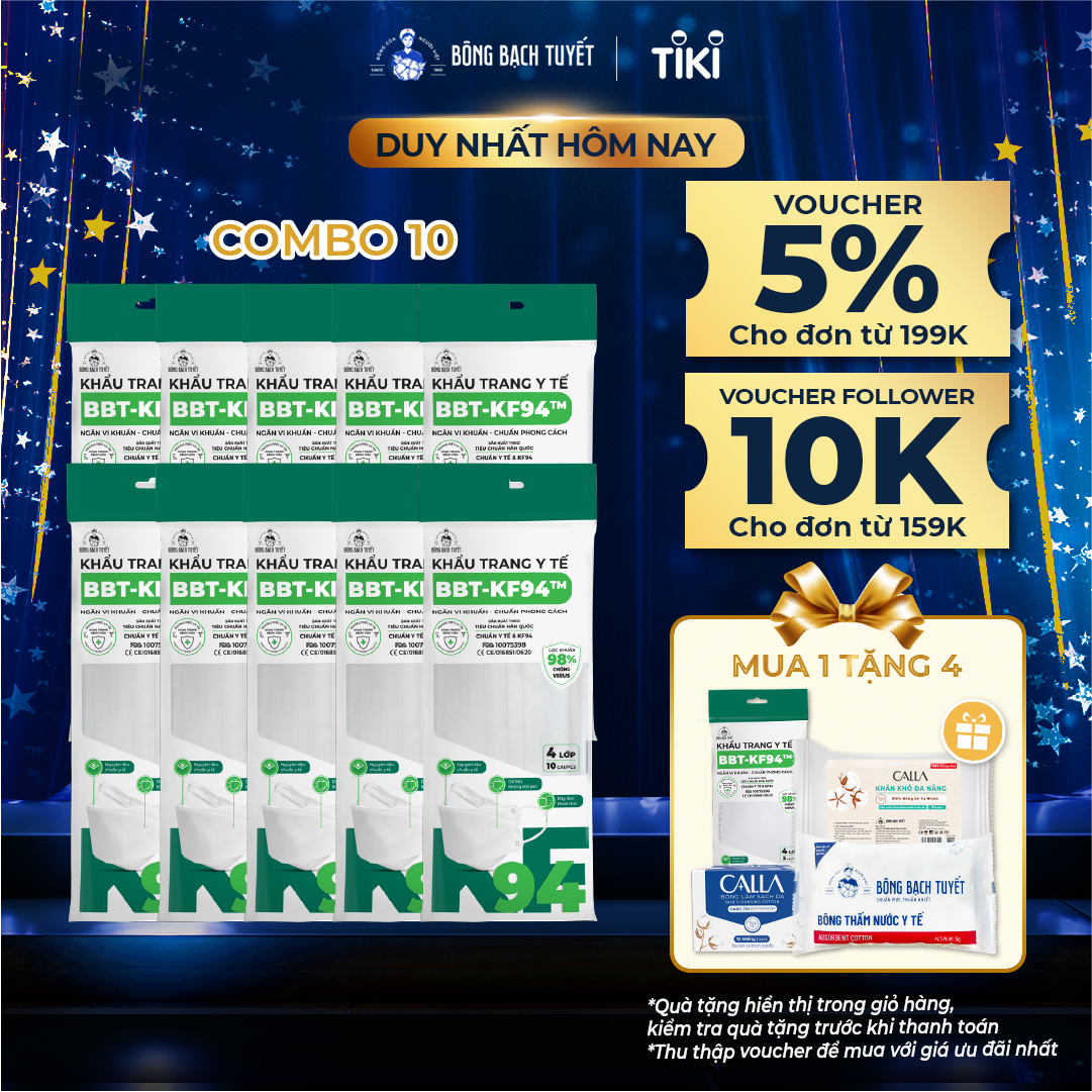 Combo 10 Gói Khẩu trang Bông Bạch Tuyết KF94 4 lớp trắng