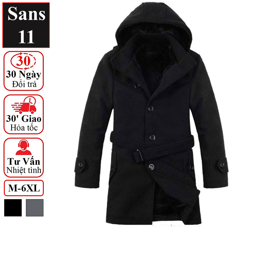 Áo Khoác Dạ Nam Trần Bông Áo Khoác Nam Có Mũ Có Đai Siêu Ấm Sans11 Sans Shop