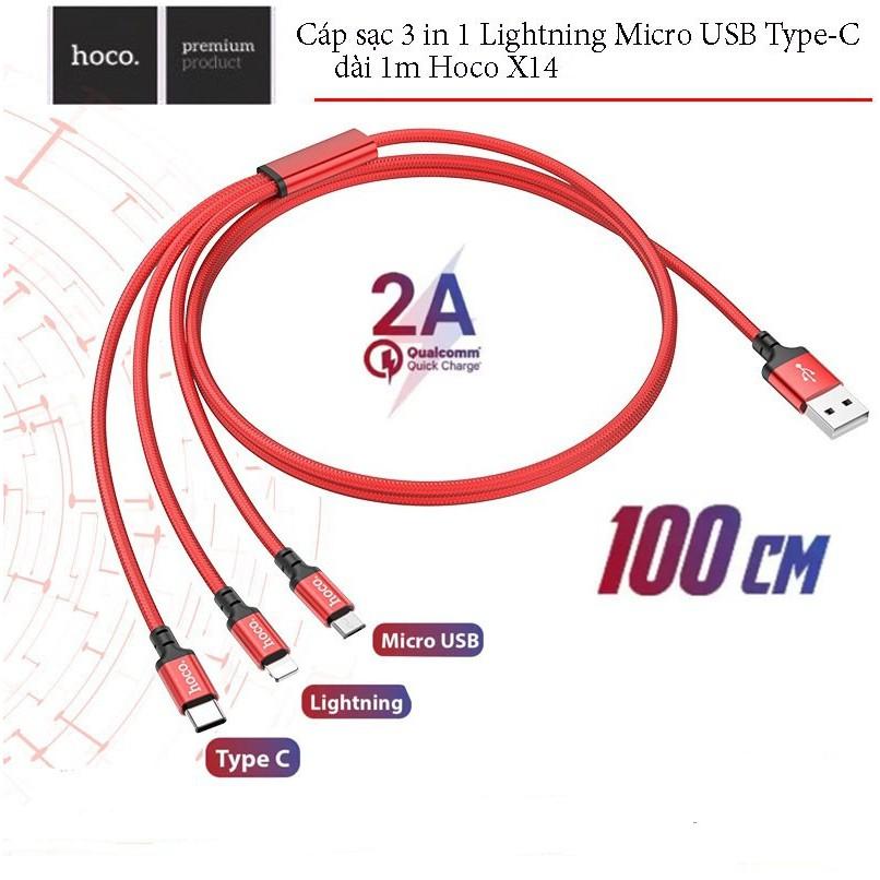 Cáp Sạc Hoco X14 Đa Năng 3 Đầu Lightning, TypeC, Micro