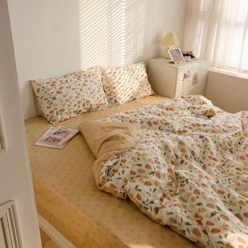 Bộ Chăn Ga Gối Cotton Living 100%cotton Cao Cấp Hàng Nhập Khẩu Nguyên Bộ 4 Món Dâu Tây Vintage