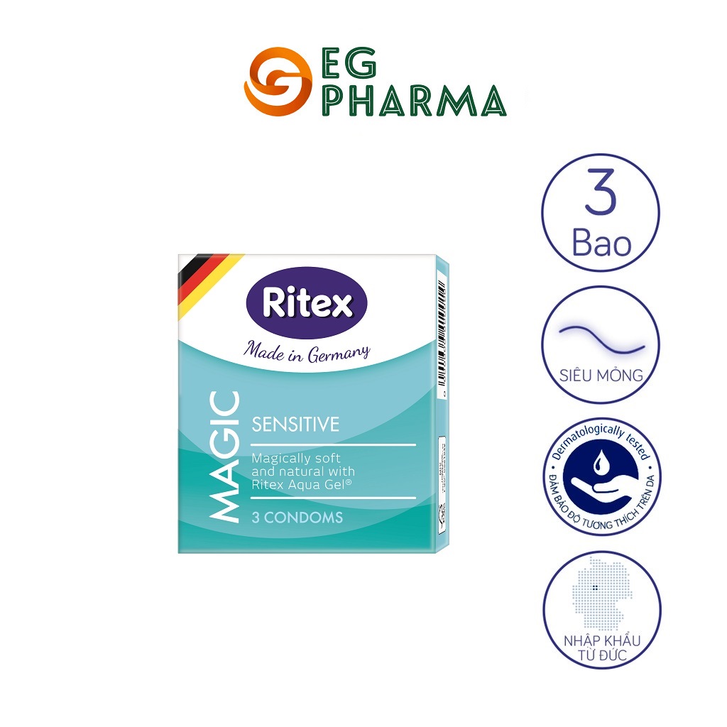 Bao cao su Ritex Magic nhạy cảm diệu kỳ, an toàn cho da nhạy cảm hộp 3 bao - Hàng nhập khẩu chính hãng