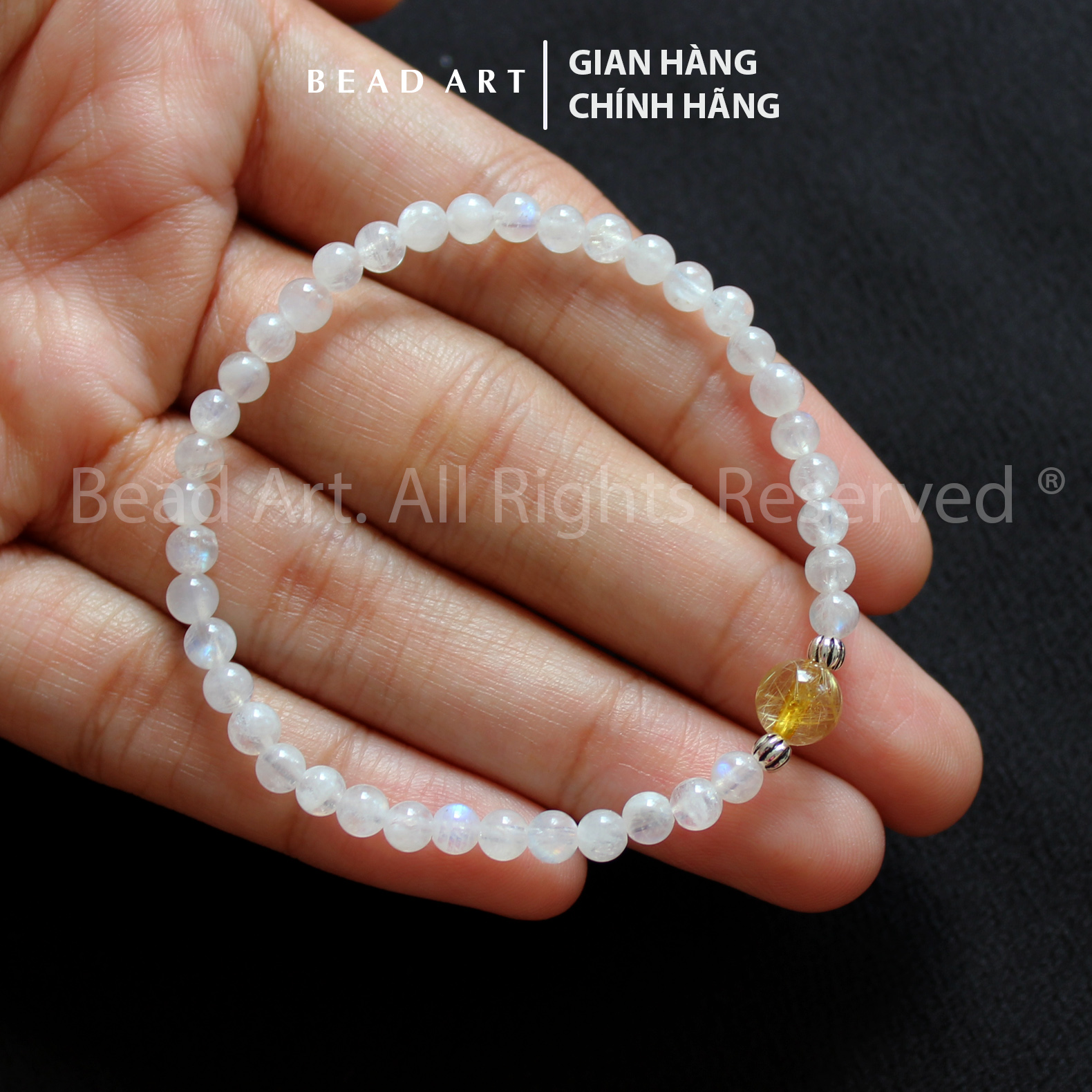 Vòng Tay 4MM Đá Moonstone Và Thạch Anh Tóc Màu Vàng, Mặt Trăng, Vòng Tay Phong Thuỷ, Chuỗi Hạt, Kim, Thuỷ - Bead Art