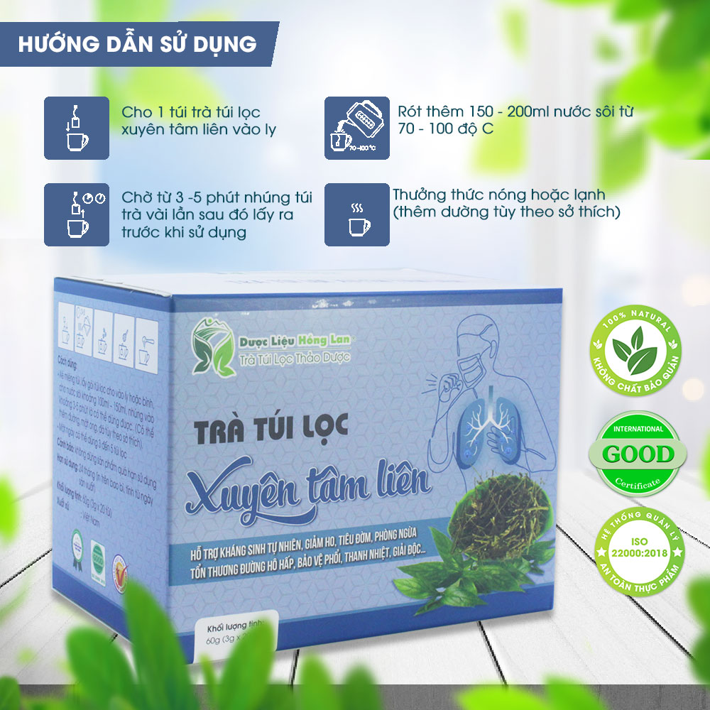 Trà Xuyên Tâm Liên túi lọc hộp 60g  Cty Dược Liệu Hồng Lan - Giúp giảm ho, tiêu đờm, phòng ngừa tổn thương đường hô hấp, bảo vệ phổi, thanh nhiệt, giải độc…