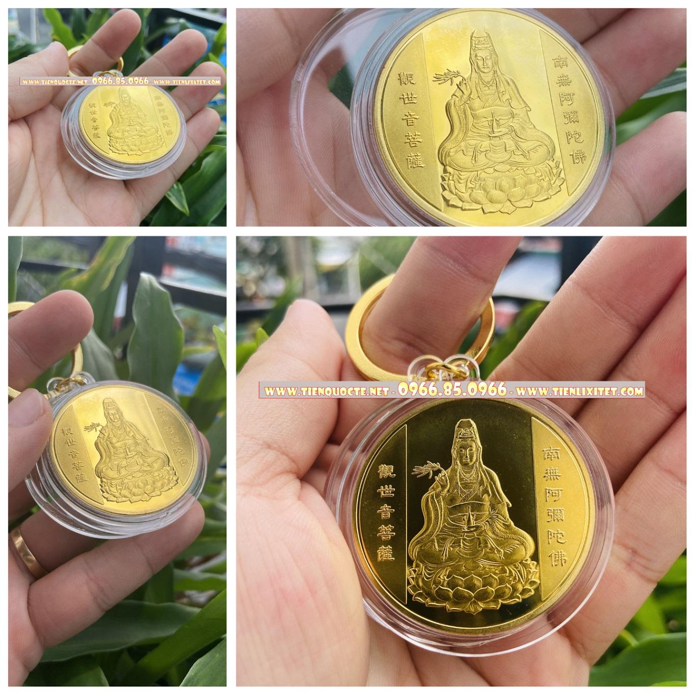 Quà tết sang trọng lì xì Móc khóa Đồng Xu Quan Âm Bồ Tát Phong Thuỷ May Mắn Tặng Kèm Túi Gấm QTLNC000064