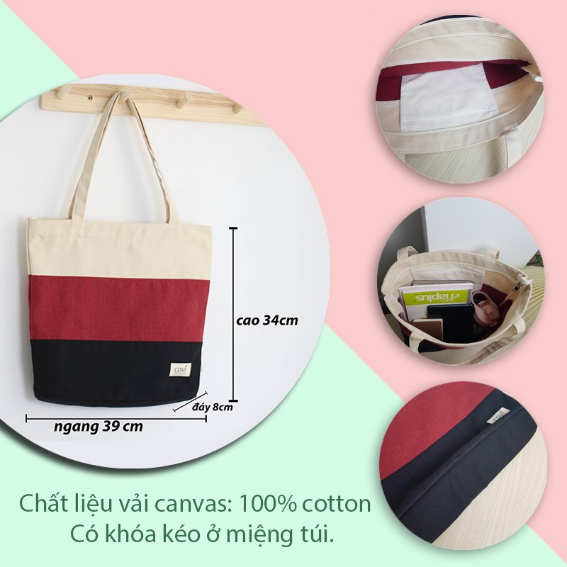 Túi tote vải canvas phom đứng phối sọc 3 màu thời trang COVI nhiều màu sắc T9_ xanh xám