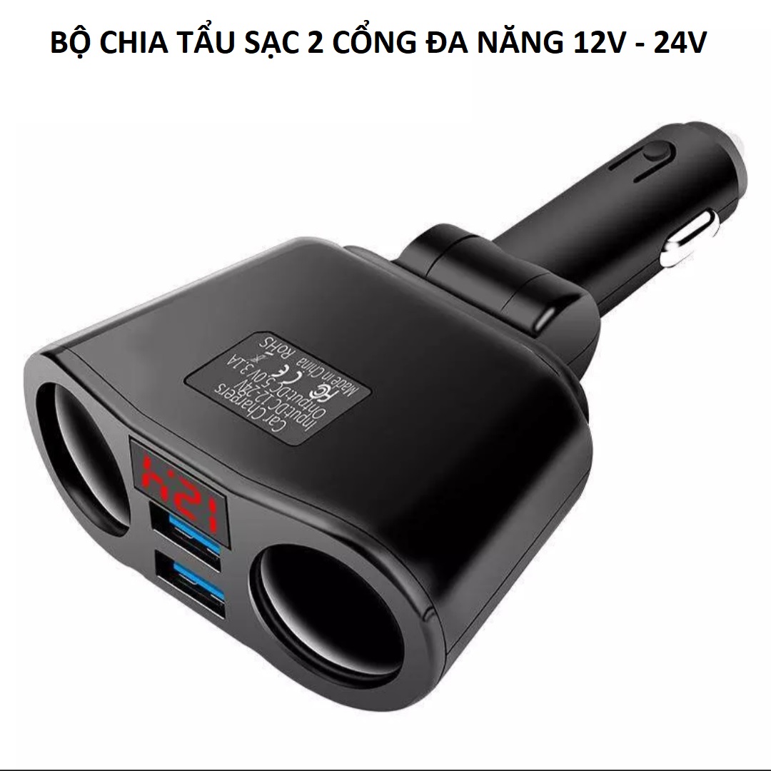 Thiết bị chia tẩu sạc trên xe hơi ô tô 2 cổng đa năng có USB 3.1A kèm đồng hồ báo vôn ắc quy 12v-24v mẫu mới