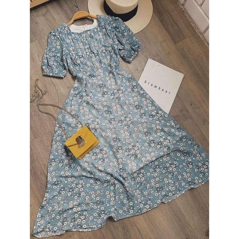 Đầm maxi hoa xanh ngực xếp li tay bo hàng loại 1