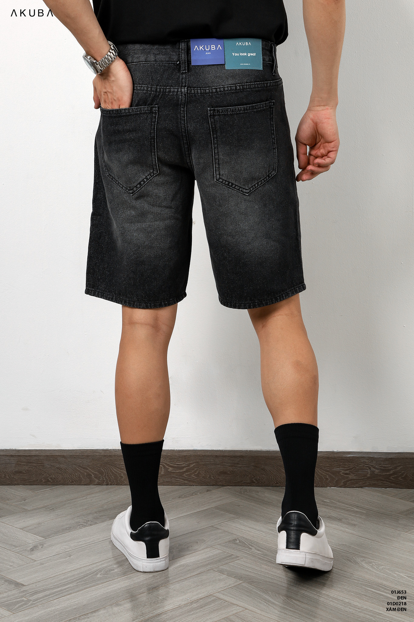 Quần Short Jean nam trơn co dãn Form slimfit AKUBA chất liệu Denim, độ dày vừa phải, phong cách Hàn Quốc | 01D0218