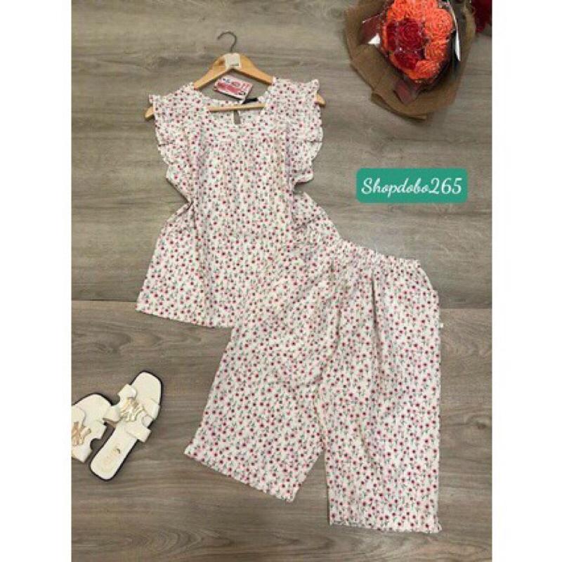 Đồ bộ nữ,đồ ngủ mặc nhà lửng vải lụa tay cánh tiên họa tiết hoa nhí thời trang size 45-57kg.