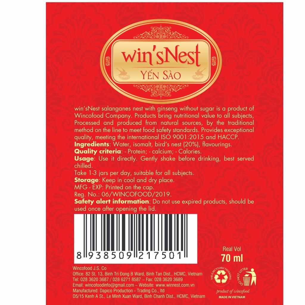 Combo 12 lọ Yến Sào Win'snest Tổ Yến Chưng Sẵn Nhân Sâm Không Đường 20% (70ml/ Lọ)