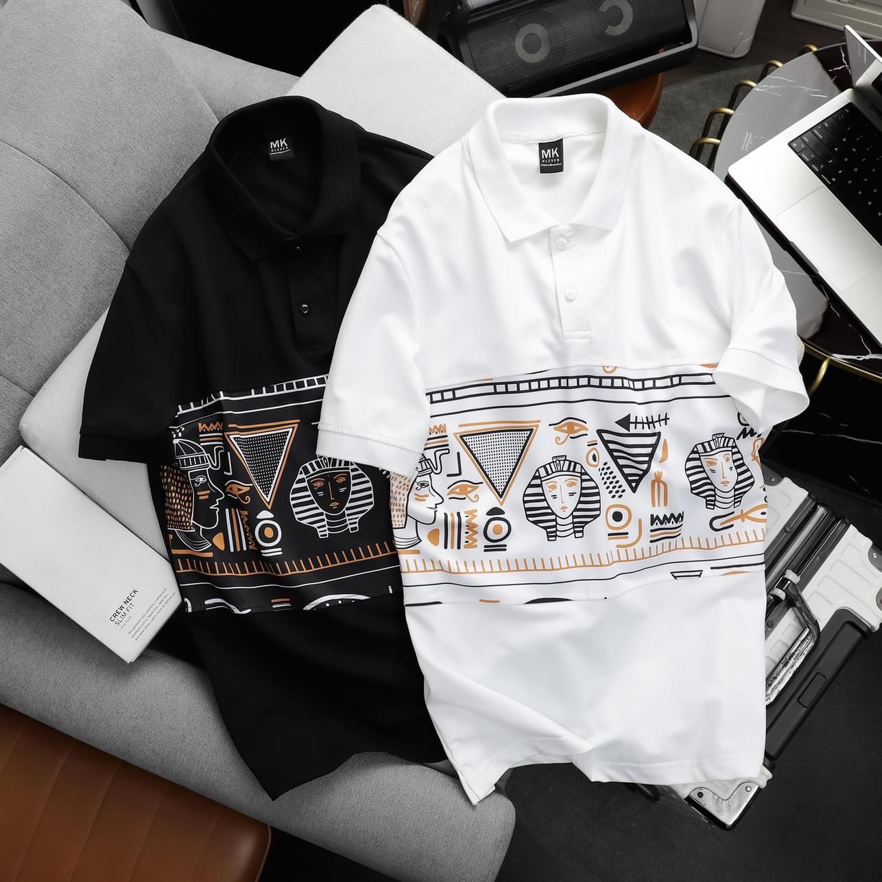 Áo thun polo nam chất cotton tổ ong in họa tiết