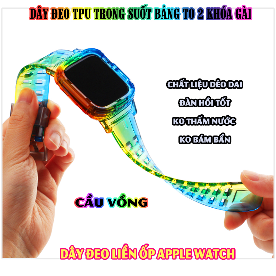 Dây Đeo liền ốp dành cho Apple Watch 7/6/5/4/3/2/1 size 38/40/41/42/44/45mm TPU trong suốt bản to 2 khóa - nhiều màu (tặng cường lực dẻo theo size)