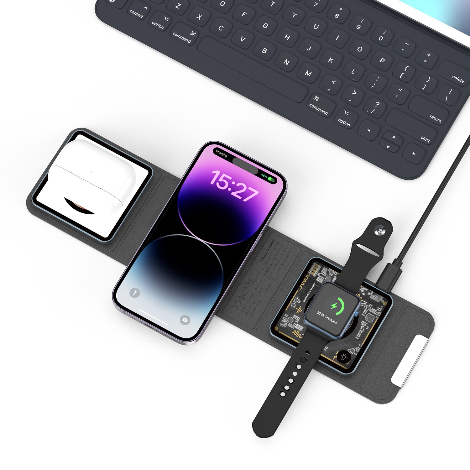 Dock sạc Wiwu Triple Foldable 3 in 1 Wi-W001 cho điện thoại, tai nghe, đồng hồ có thể gấp gọn lại, sạc 3 thiết bị cùng lúc được - Hàng chính hãng