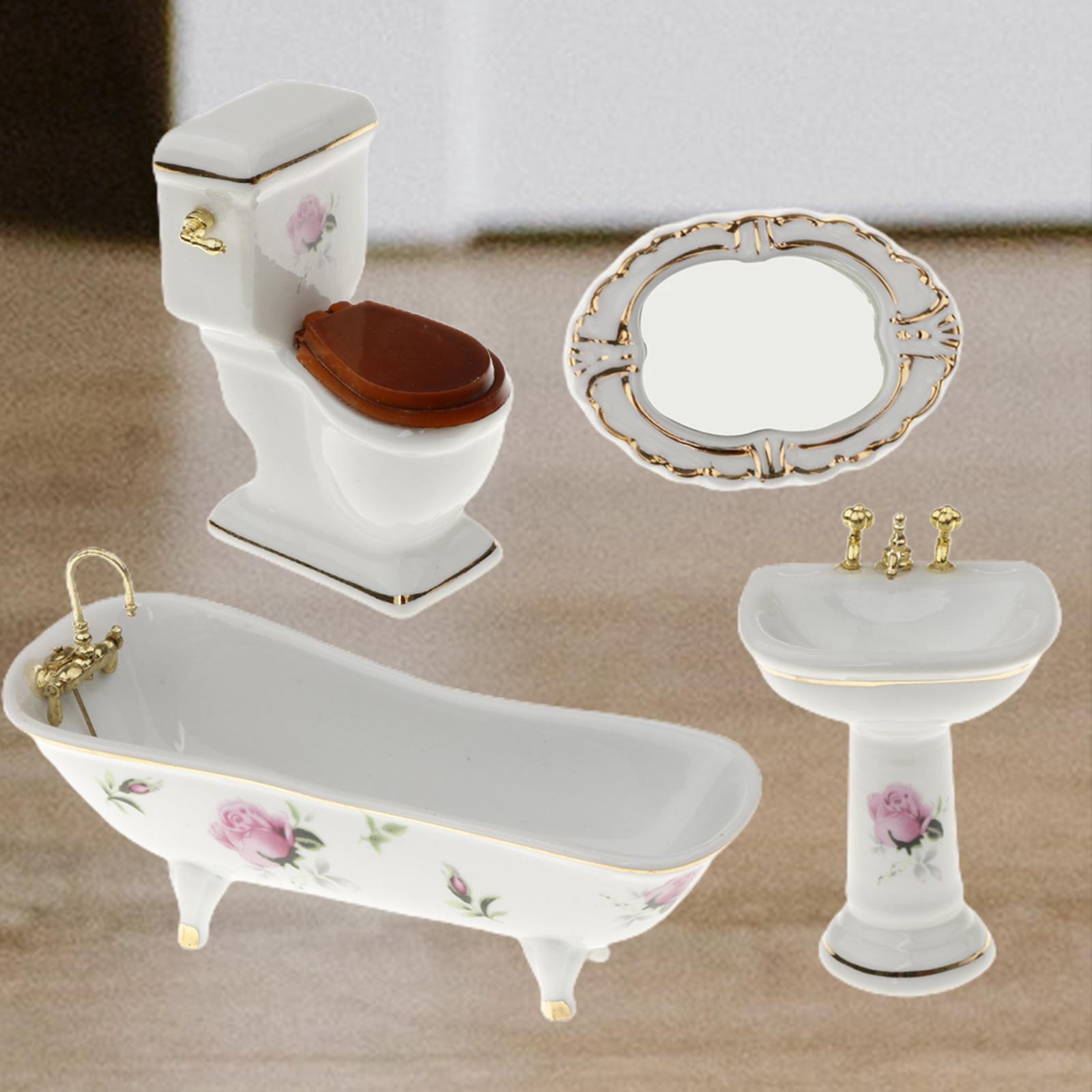 Bathroom Decor Floral Toilet Bathtub Set Dollhouse Miniature Accs 1:12 #5