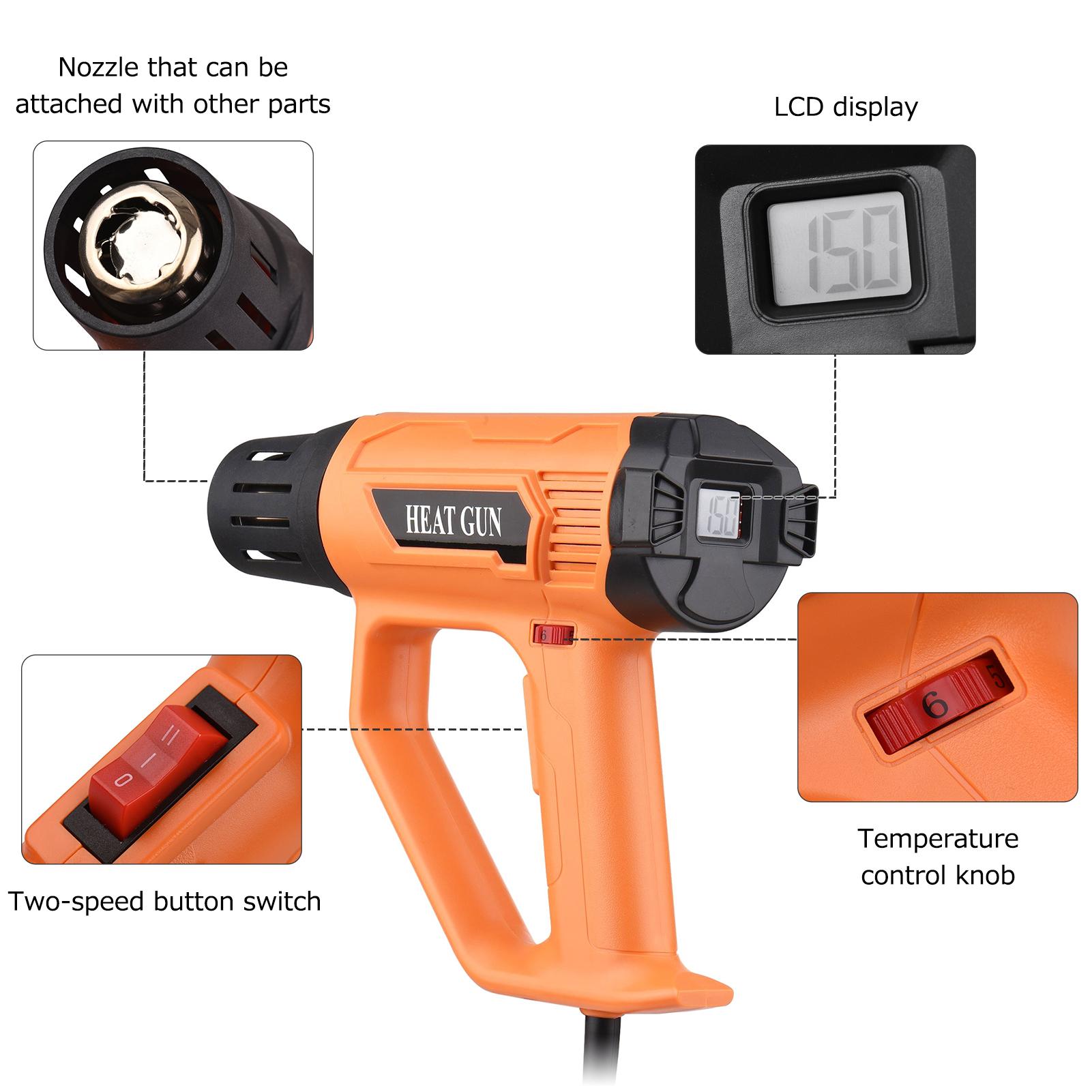 Hot Air Blower 2000W High Power Heavy Duty Fast Electronic Digital Display Heat Gun Hot Air Gun Handheld Air Heater Adjustable Temperature Rapid Heating for Handicrafts Shrink Packaging Remove Paint - EU Plug 220V