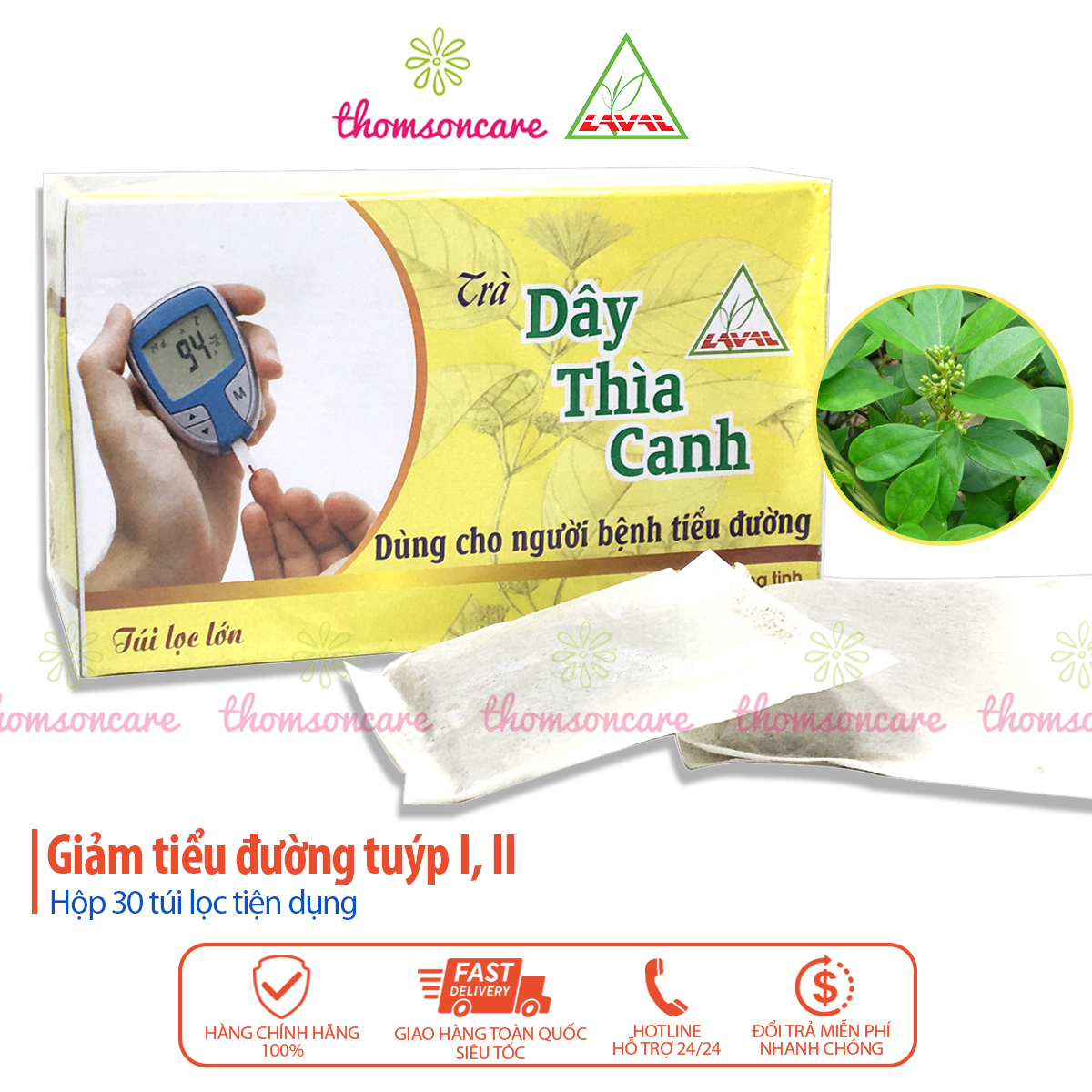 Trà Dây Thìa Canh Lava túi lọc - Dành cho người bệnh Tiểu Đường tuýp 1, 2 - Hộp 30 gói giảm đườngg huyết