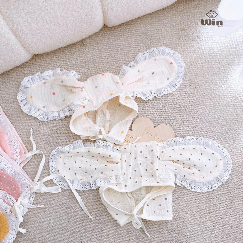 Mũ Nón Tai Thỏ Cột Dây Chất Xô Muslin Mềm, Thoáng, Siêu Cute Cho Bé Gái 1-12 Tháng