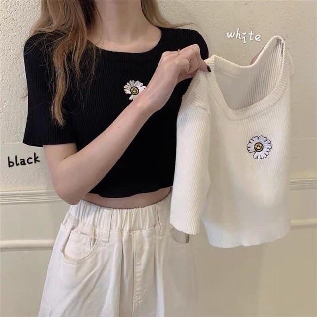 ÁO CROPTOP THÊU HOA CÚC CUỐN VIỀN BAO VẢI ĐẸP- hình