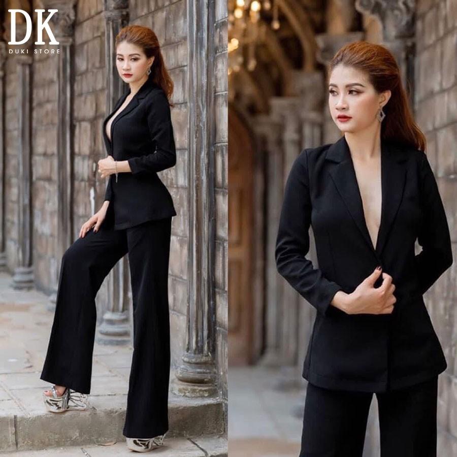 Bộ vest nữ quần ống loe màu đen cuốn hút - DUKI STORE
