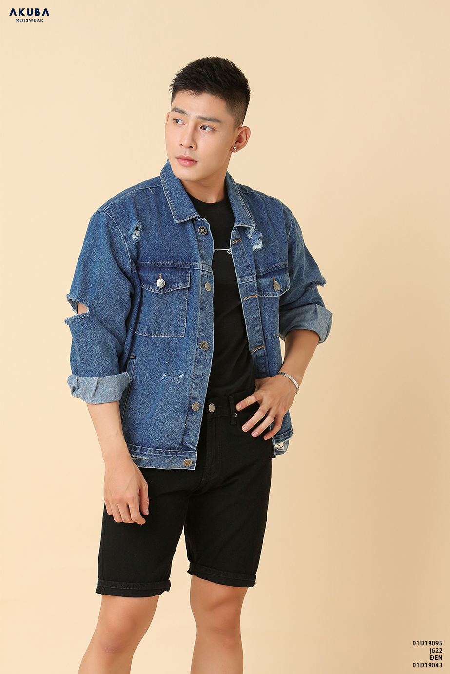 Áo khoác jean nam rách AKUBA form slimfit, chất liệu jean dày dặn 01D19095