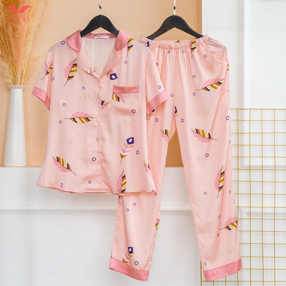 Vingo Pijama đồ bộ mặc nhà dáng dài lụa Pháp cao cấp họa tiết lông vũ H234 VNGO