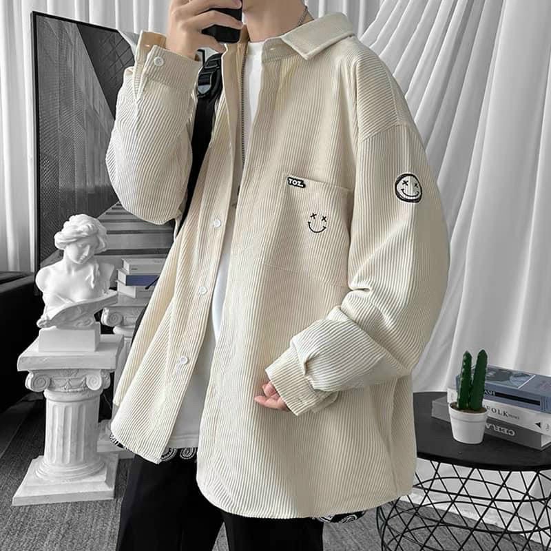 ÁO KHOÁC SƠMI NHUNG OVERSIZE THÊU ICON MẶT CƯỜI UNISEX FROM RỘNG UZZLANG