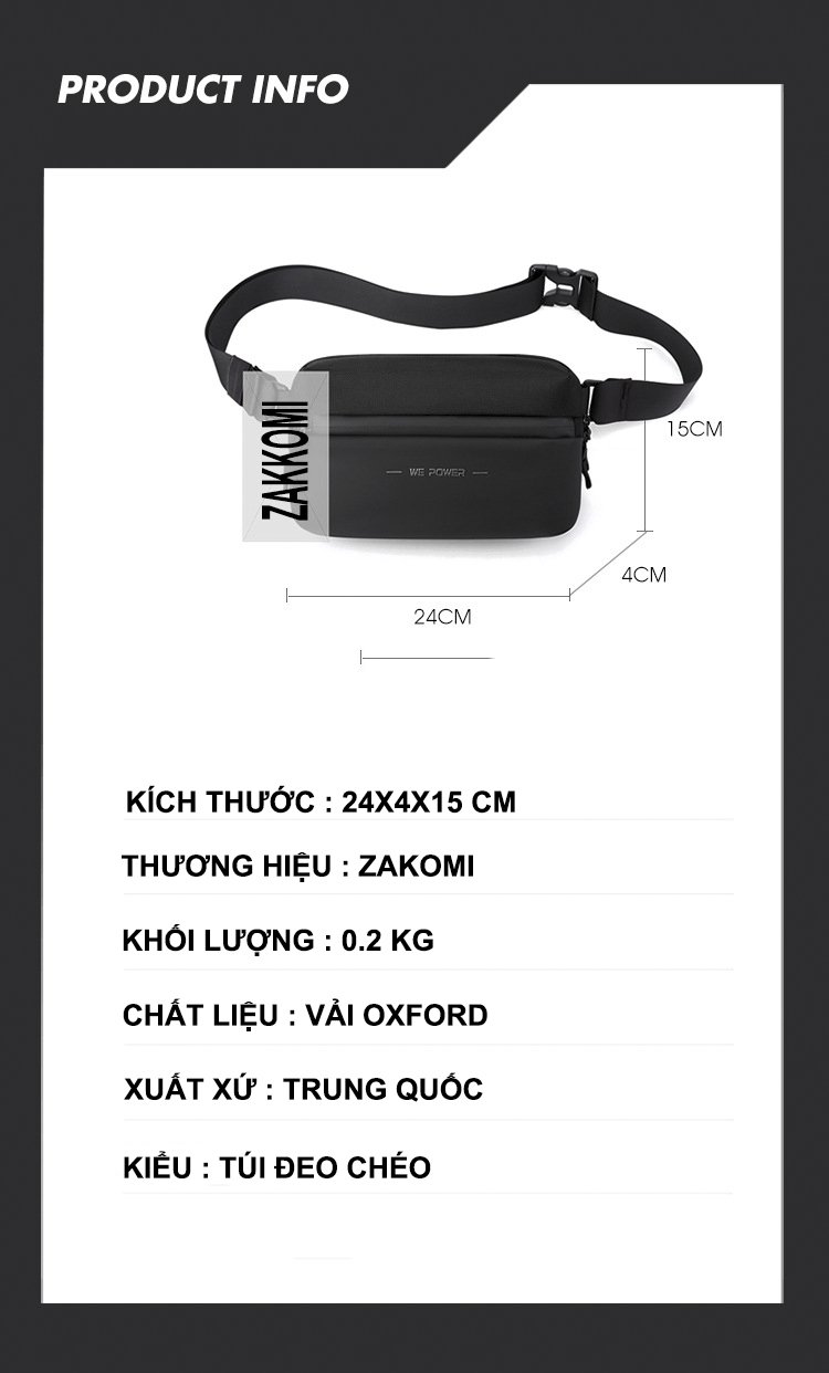 Túi đeo chéo mini thời trang nam nữ kiểu Basic Zakomi We Power vải cao cấp